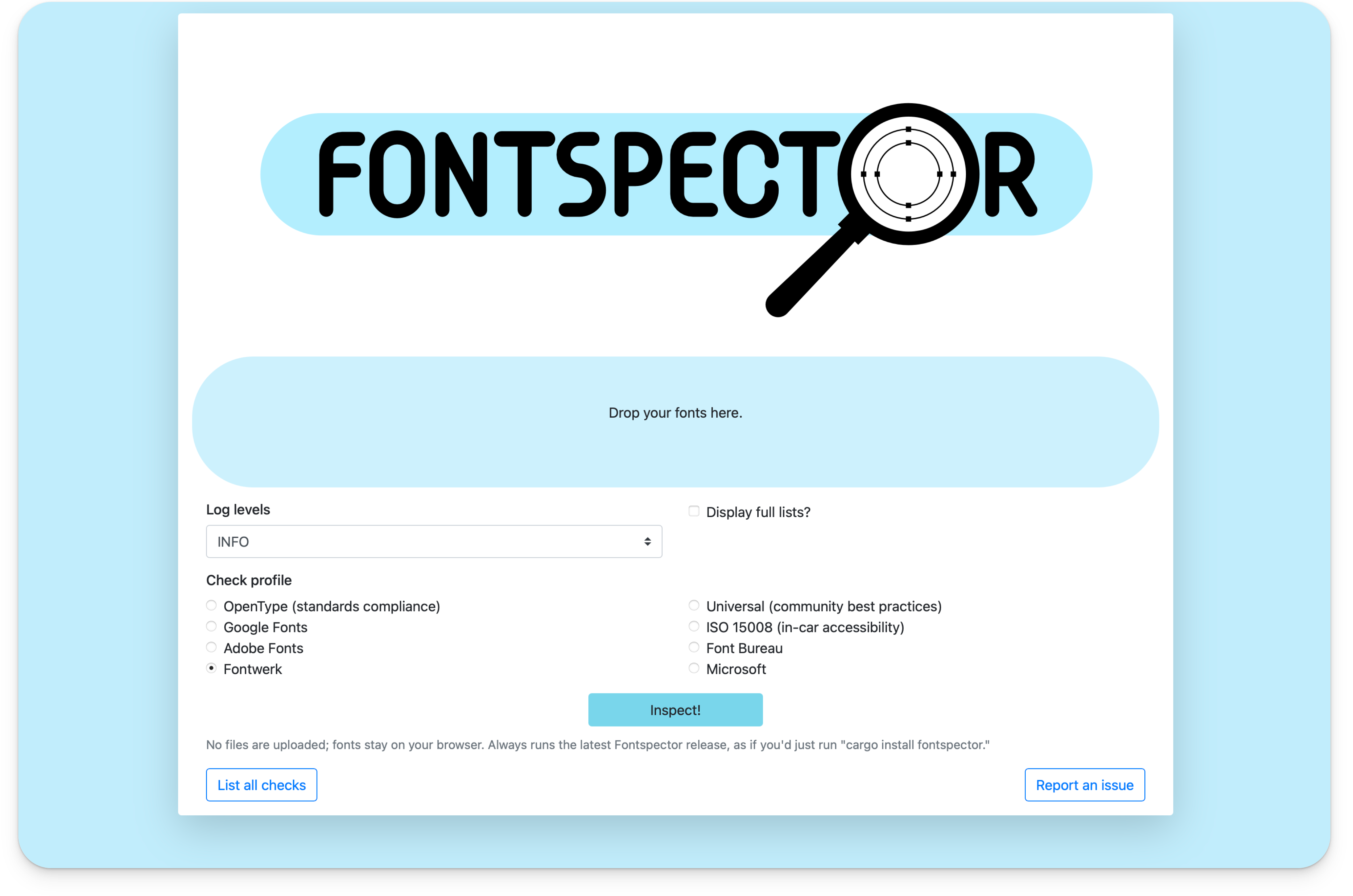 Browser screenshot fonttools.github.io/fontspector