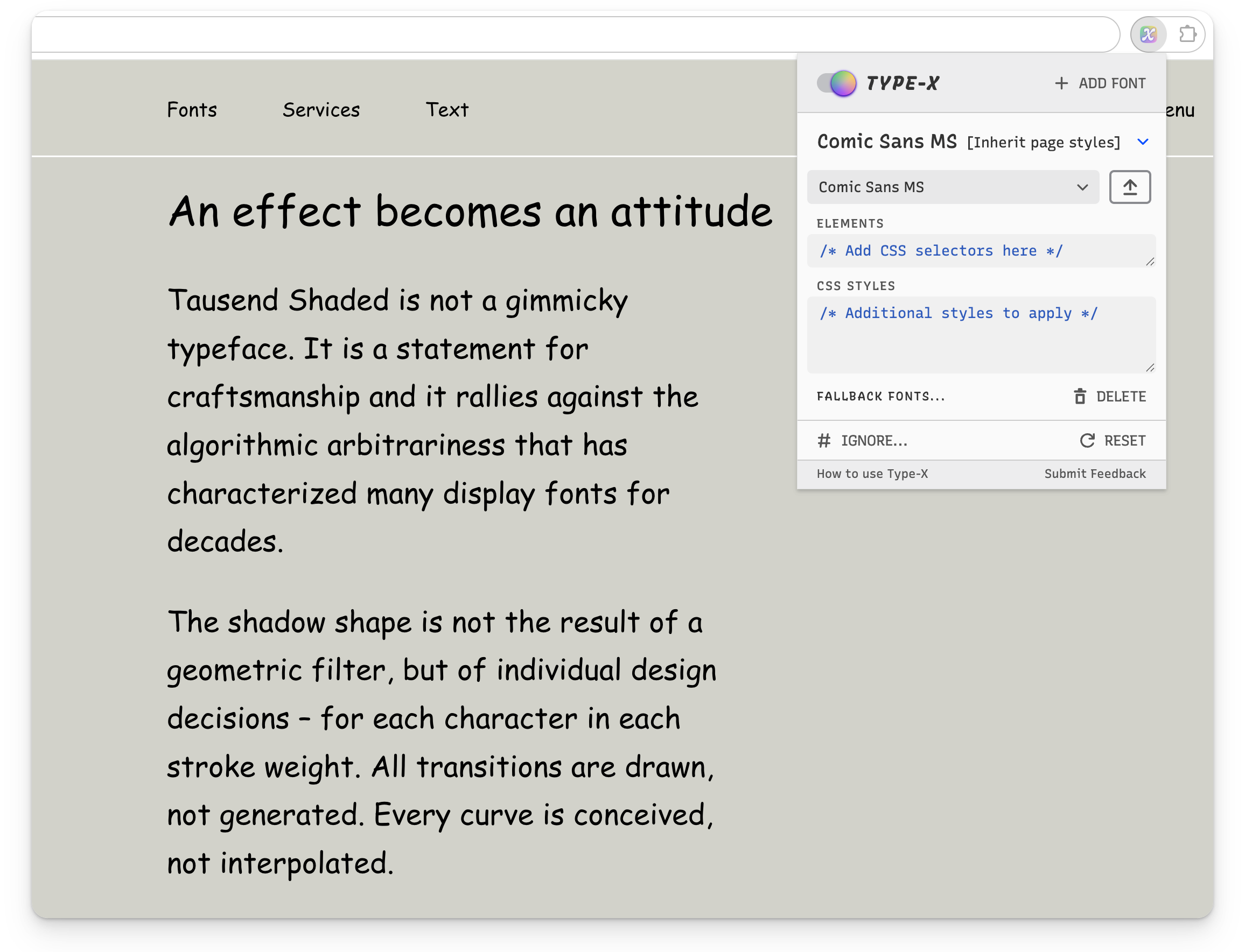 Screenshot Fontwerk.com website and Type-X Chrome extension (Comic Sans)