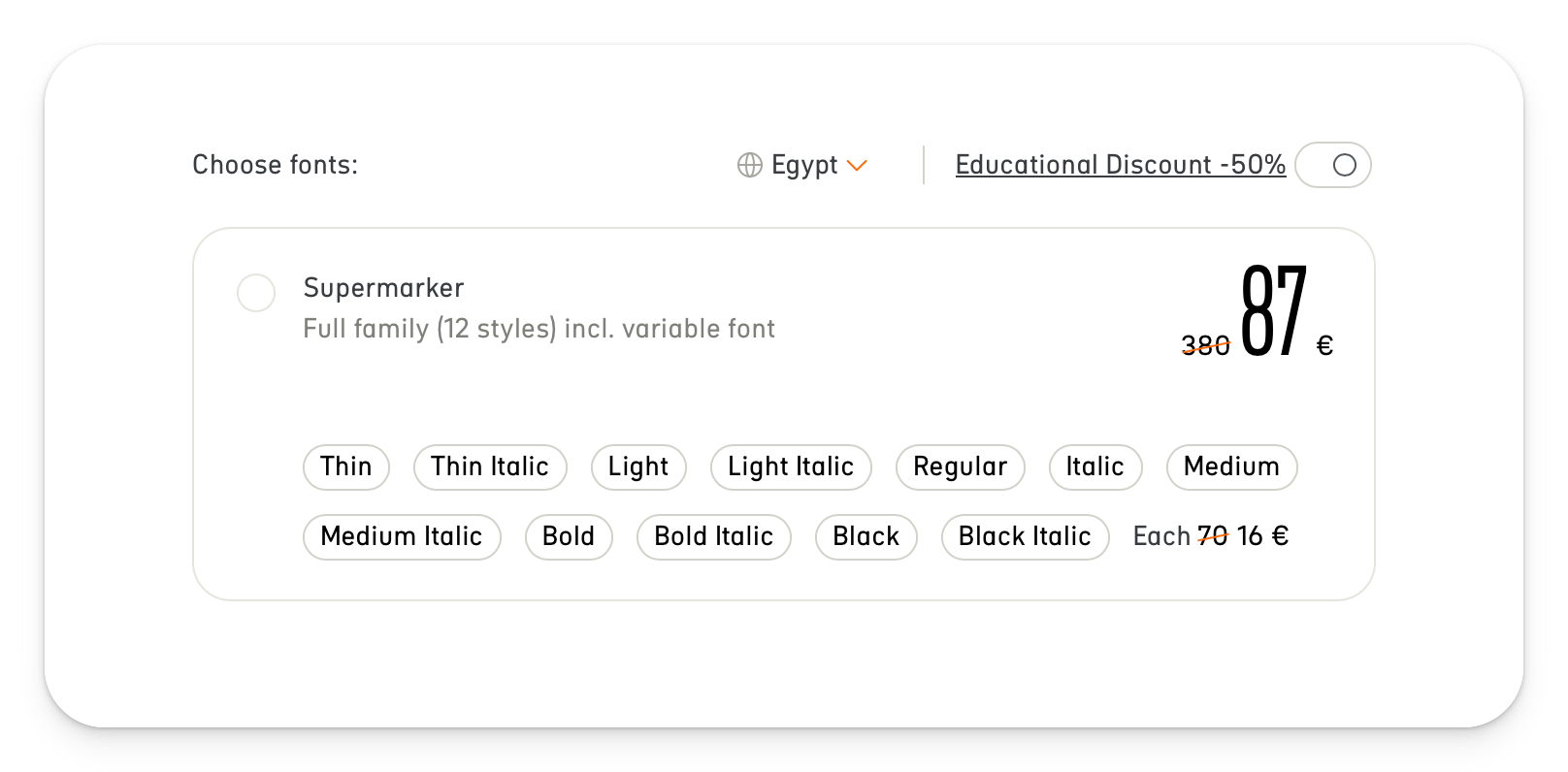 Based on the World Bank’s purchasing power parity data, Fontwerk developed a concept for regional pricing: Screenshot Checkout fontwerk.com