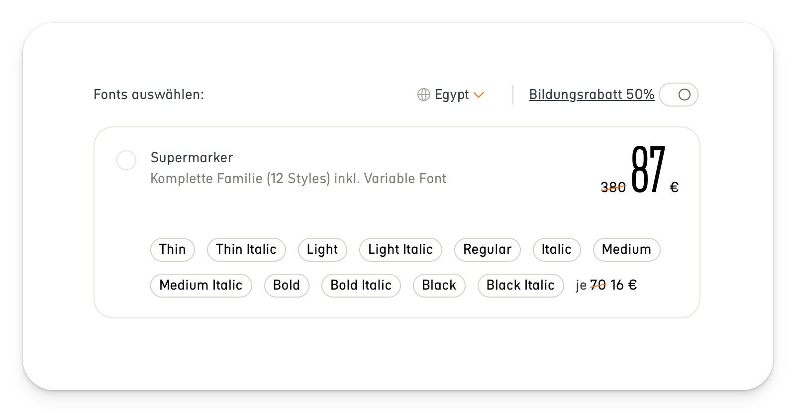 Basierend auf den Kaufkraftparitätsdaten der Weltbank hat Fontwerk ein Konzept der regionalen Preisgestaltung entwickelt: Screenshot Checkout fontwerk.com