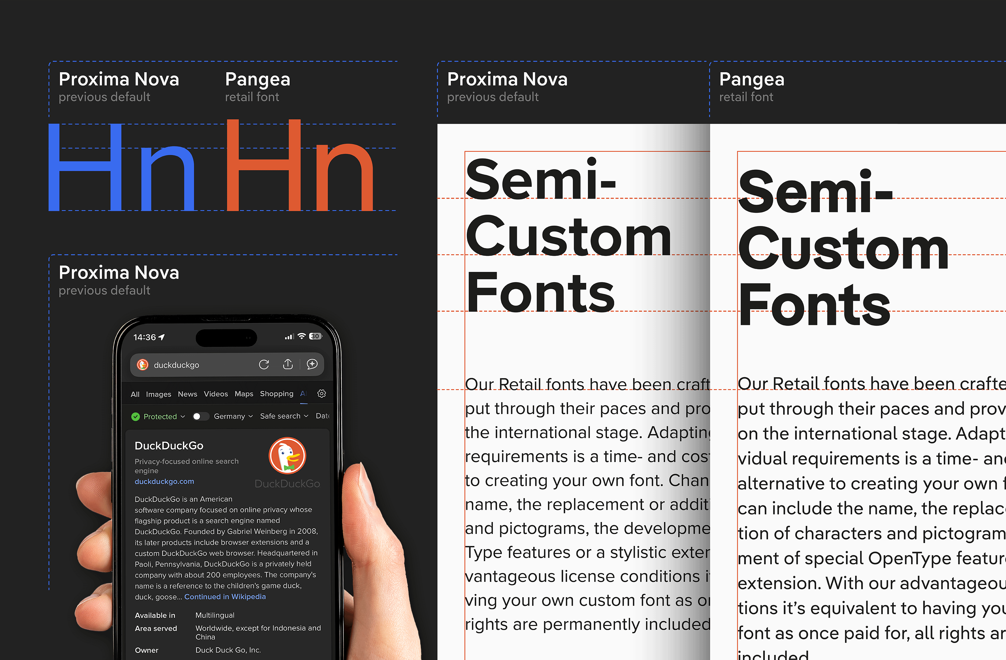 Semi-Custom Font for DuckDuckGo: Pangea transforms into Duck Sans (Old vs. New)