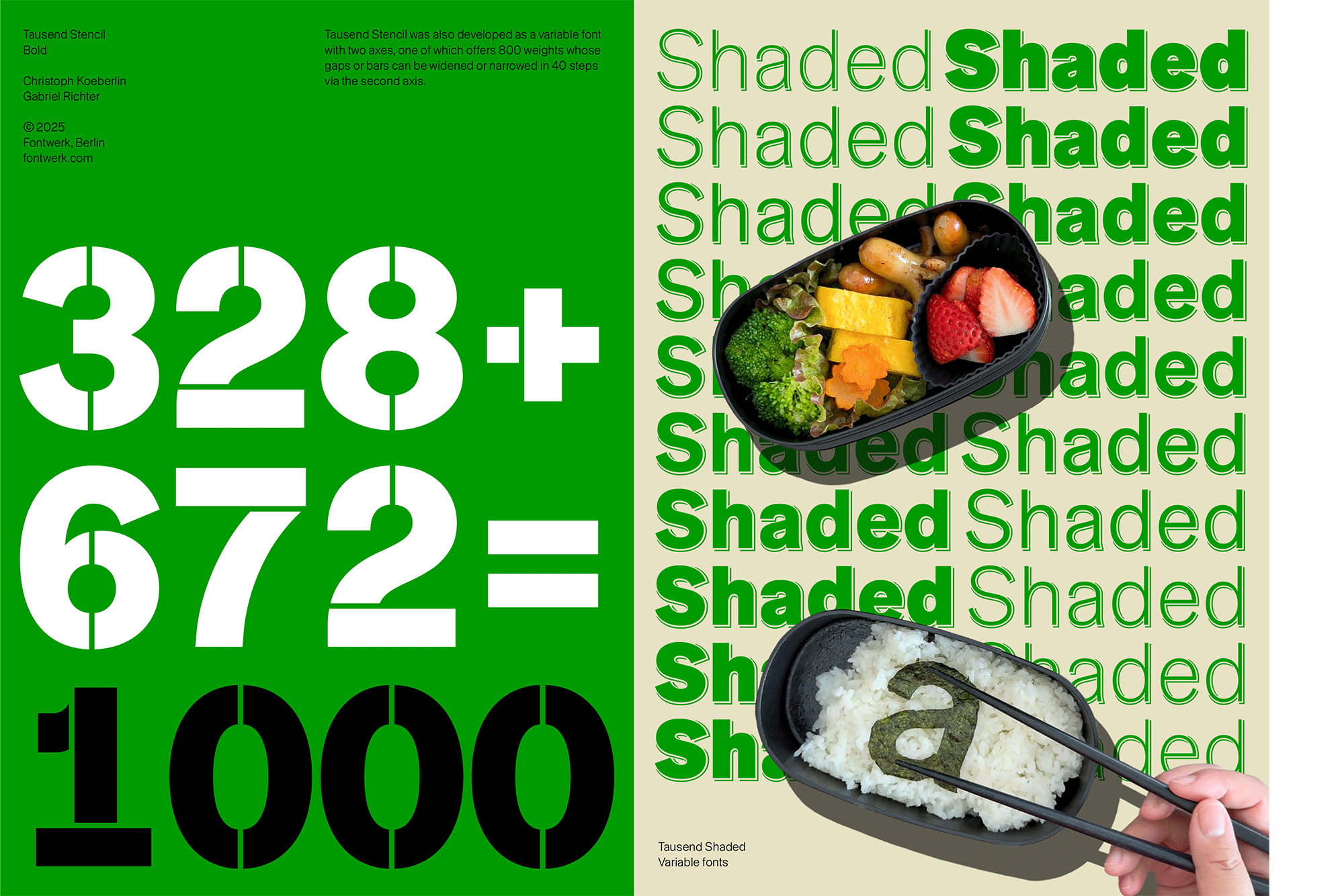 Tausend™-Font-Collection von Fontwerk – Schriftmuster, Marketing-Artwork – Tausend Stencil und Tausend Shaded